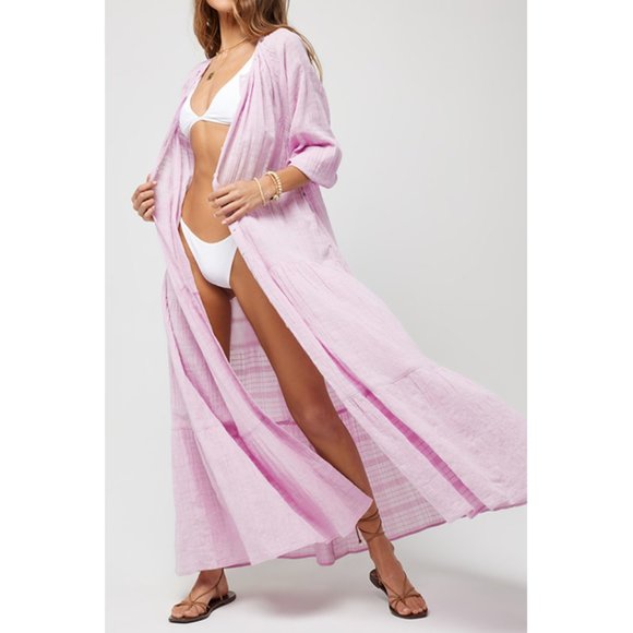 L*Space Button Up Duster Maxi Dress Semi-Sheer Beach Cover Up in Cream Plaid - Picture 7 of 7